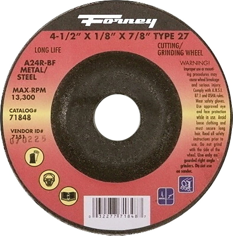 FORNEY Forney 71848 Cut-Off Wheel, 4-1/2 in Dia, 1/8 in Thick, 7/8 in Arbor, 24 Grit, Coarse, Aluminum Oxide Abrasive