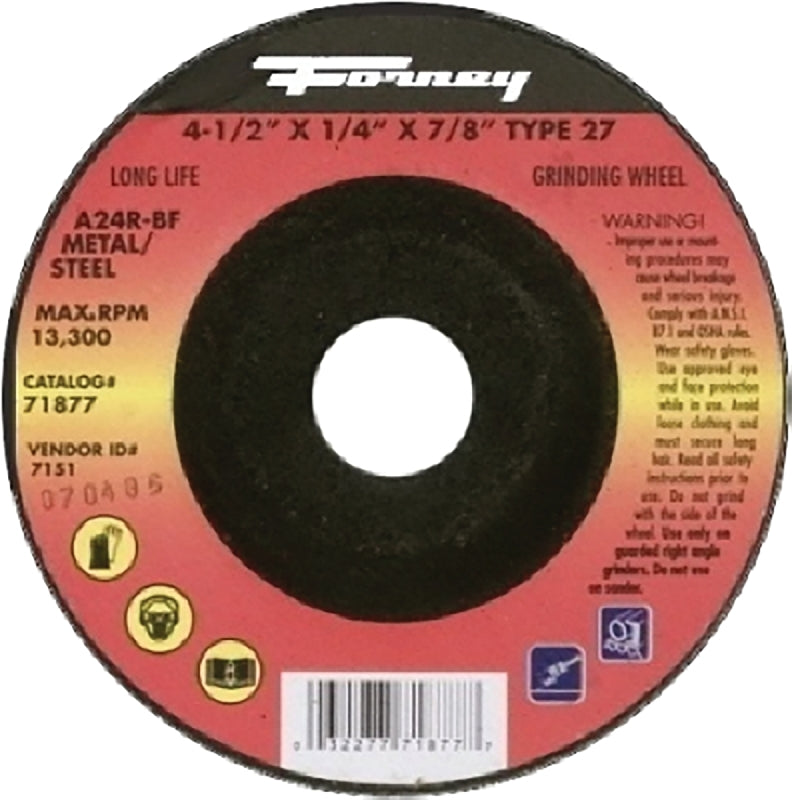 FORNEY Forney 71877 Grinding Wheel, 4-1/2 in Dia, 1/4 in Thick, 7/8 in Arbor, 24 Grit, Coarse, Aluminum Oxide Abrasive