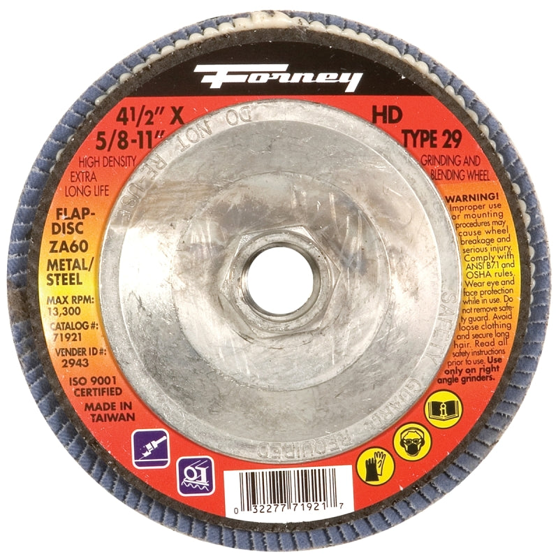 FORNEY Forney 71921 Flap Disc, 4-1/2 in Dia, 5/8-11 Arbor, 60 Grit, Medium, Zirconia Aluminum Abrasive