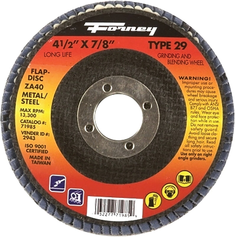 FORNEY Forney 71927 Flap Disc, 4-1/2 in Dia, 7/8 in Arbor, 60 Grit, Medium, Fiberglass Backing, Zirconia Aluminum Abrasive TOOLS FORNEY