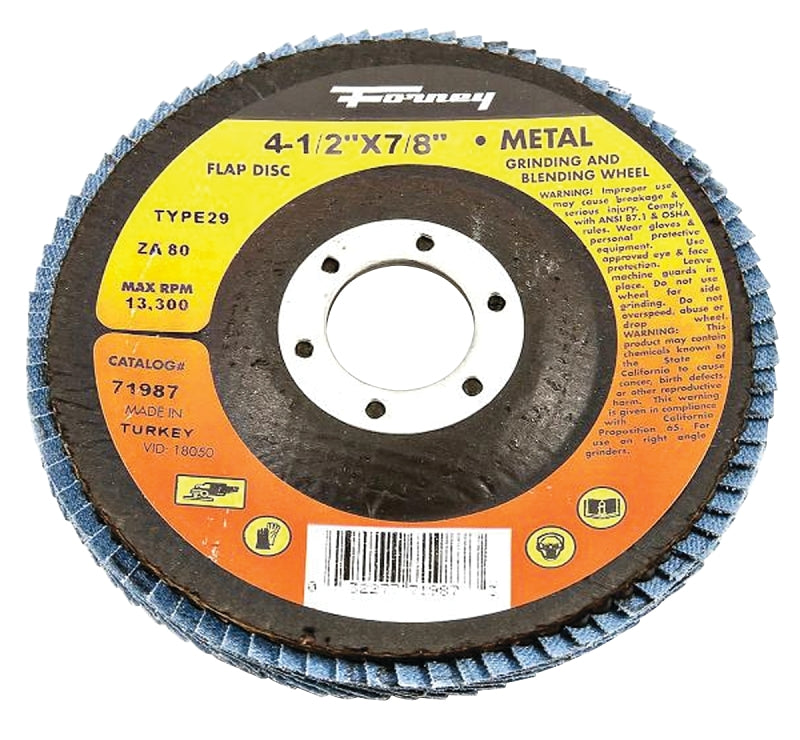 FORNEY Forney 71987 Flap Disc, 4-1/2 in Dia, 7/8 in Arbor, 80 Grit, Fine, Zirconium Alumina Abrasive, Fiberglass Backing TOOLS FORNEY
