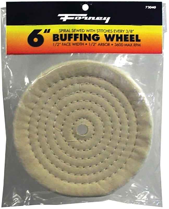 FORNEY Forney 72040 Buffing Wheel, 6 in Dia, 1/2 in Thick, 1/2 in Arbor, Cotton AUTOMOTIVE FORNEY