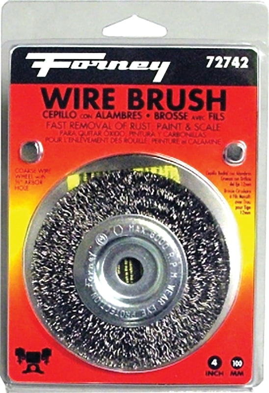FORNEY Forney 72742 Wire Wheel Brush, 4 in Dia, 1/2 in Arbor/Shank, 0.012 in Dia Bristle TOOLS FORNEY