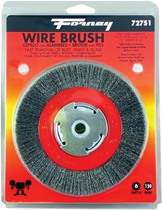 FORNEY Forney 72751 Wire Bench Wheel Brush, 6 in Dia, 1/2 to 5/8 in Arbor/Shank, 0.008 in Dia Bristle