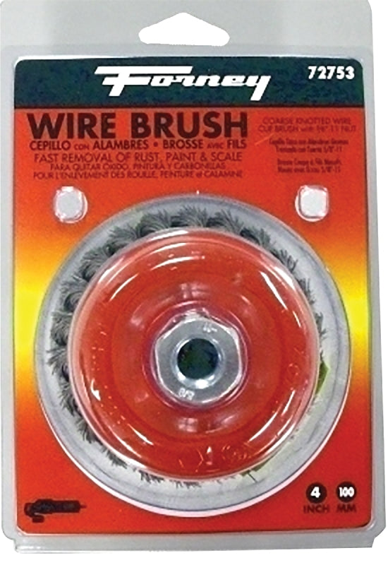 FORNEY Forney 72753 Wire Cup Brush, 4 in Dia, 5/8-11 Arbor/Shank, 0.02 in Dia Bristle, Carbon Steel Bristle