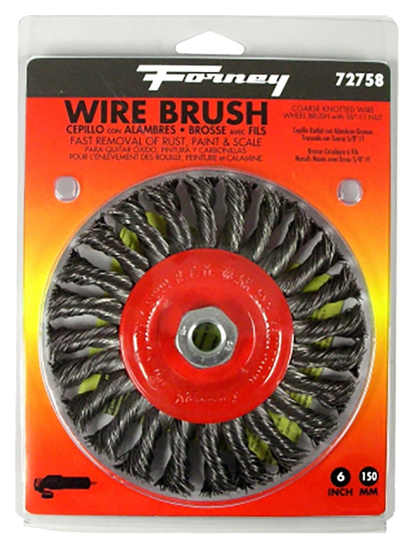 FORNEY Forney 72758 Wire Wheel Brush, 6 in Dia, 5/8-11 Arbor/Shank, Twist Knot Bristle, 0.02 in Dia Bristle