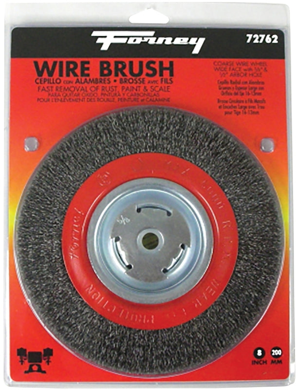 FORNEY Forney 72762 Wire Bench Wheel Brush, 8 in Dia, 1/2 to 5/8 in Arbor/Shank, 0.014 in Dia Bristle