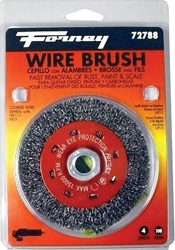 FORNEY Forney 72788 Wire Wheel Brush, 4 in Dia, 5/8-11 Arbor/Shank, 0.012 in Dia Bristle, Carbon Steel Bristle