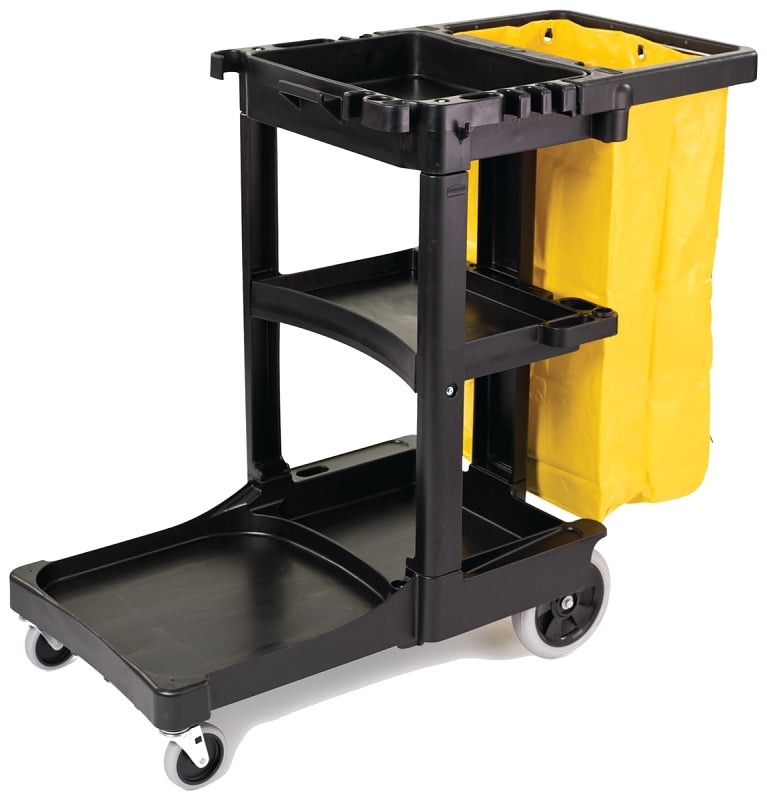 RUBBERMAID Rubbermaid FG617388BLA Janitor Cleaning Cart, 32 gal, 46 in OAL, 21.8 in OAW, 38.4 in OAH, Plastic, Black