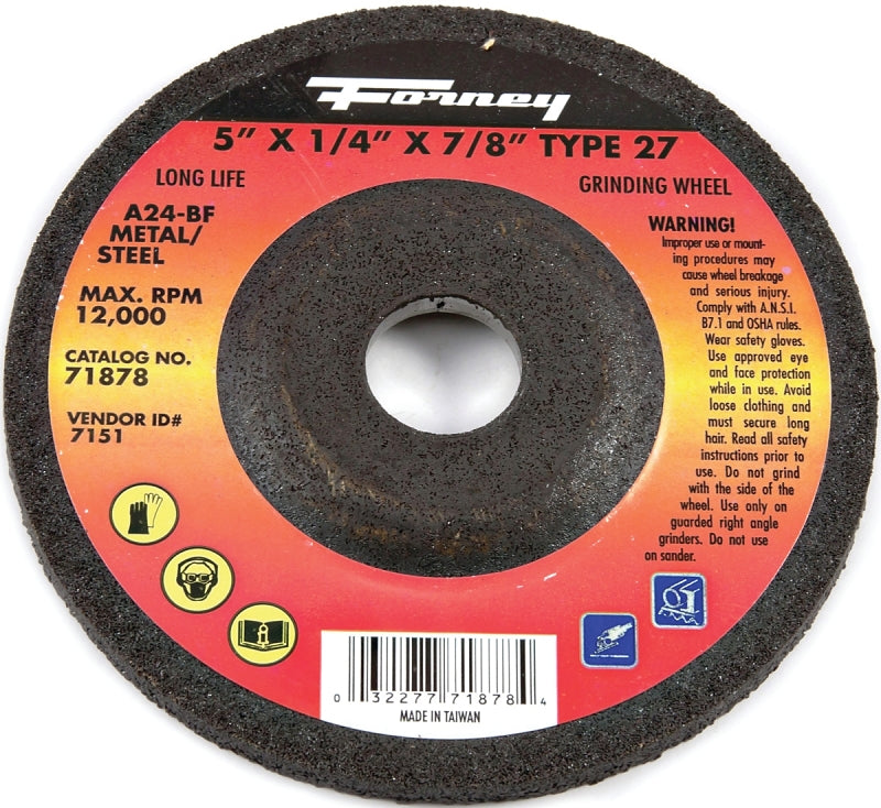 FORNEY Forney 71878 Grinding Wheel, 5 in Dia, 1/4 in Thick, 7/8 in Arbor, 24 Grit, Coarse, Aluminum Oxide Abrasive