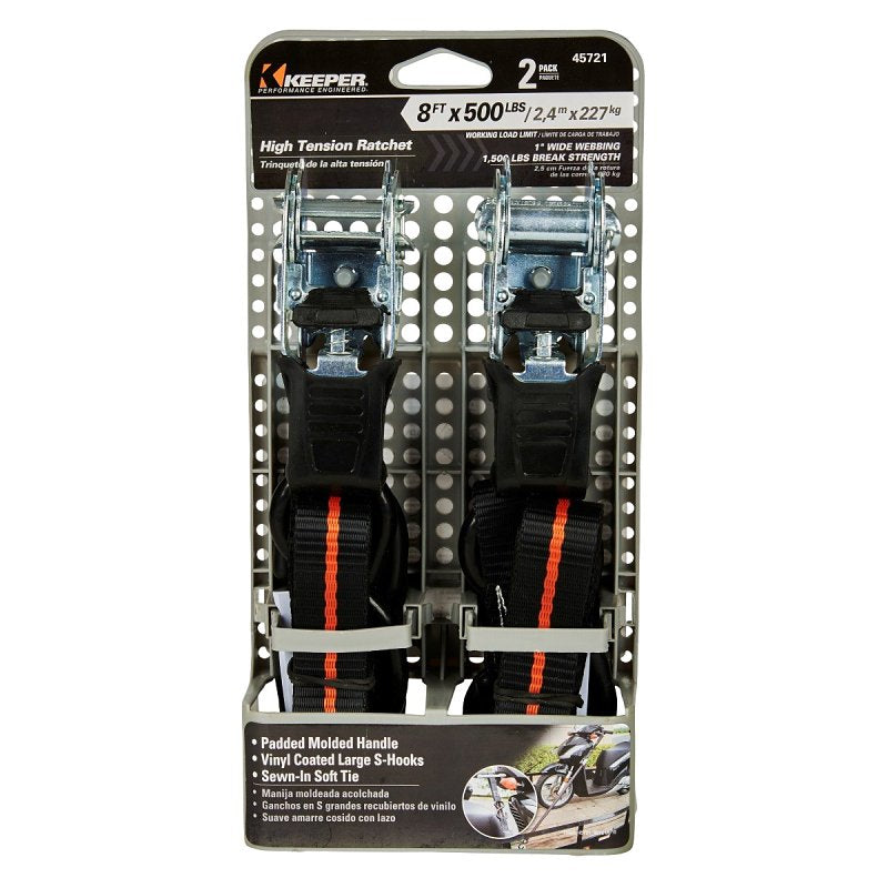 KEEPER Keeper 45721 Tie-Down, Ratchet Adjustment, 1 in W, 8 ft L, 500 lb Working Load, S-Hook End, 2/PK AUTOMOTIVE KEEPER