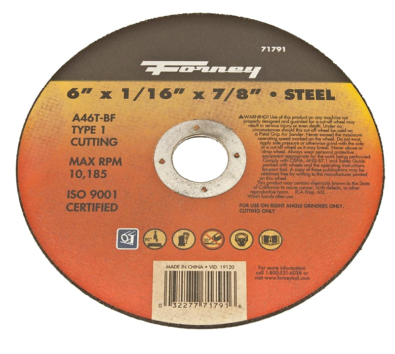 FORNEY Forney 71791 Cut-Off Wheel, 6 in Dia, 1/16 in Thick, 7/8 in Arbor, 50 Grit, Coarse, Aluminum Oxide Abrasive