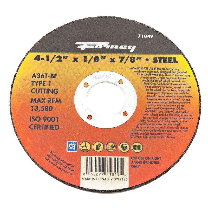 FORNEY Forney 71849 Cut-Off Wheel, 4-1/2 in Dia, 1/8 in Thick, 7/8 in Arbor, Aluminum Oxide/Metal Abrasive