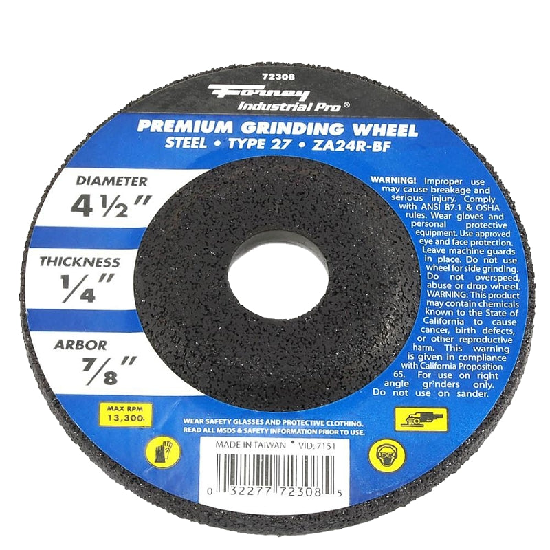 FORNEY Forney 72308 Grinding Wheel, 4-1/2 in Dia, 1/4 in Thick, 7/8 in Arbor, Zirconium Abrasive TOOLS FORNEY