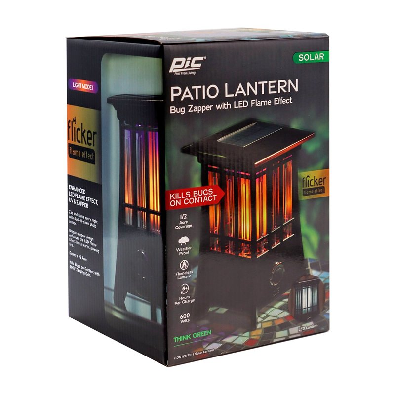 PIC Pic PIC-99188 Solar Patio Lantern Bug Zapper, 600 V, LED Lamp, Black