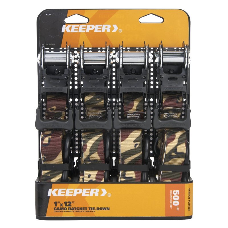 KEEPER Keeper 47321 Ratchet Tie Down With Open Handle, 1 in W, 12 ft L, Camo, 500 lb Working Load, S-Hook End AUTOMOTIVE KEEPER