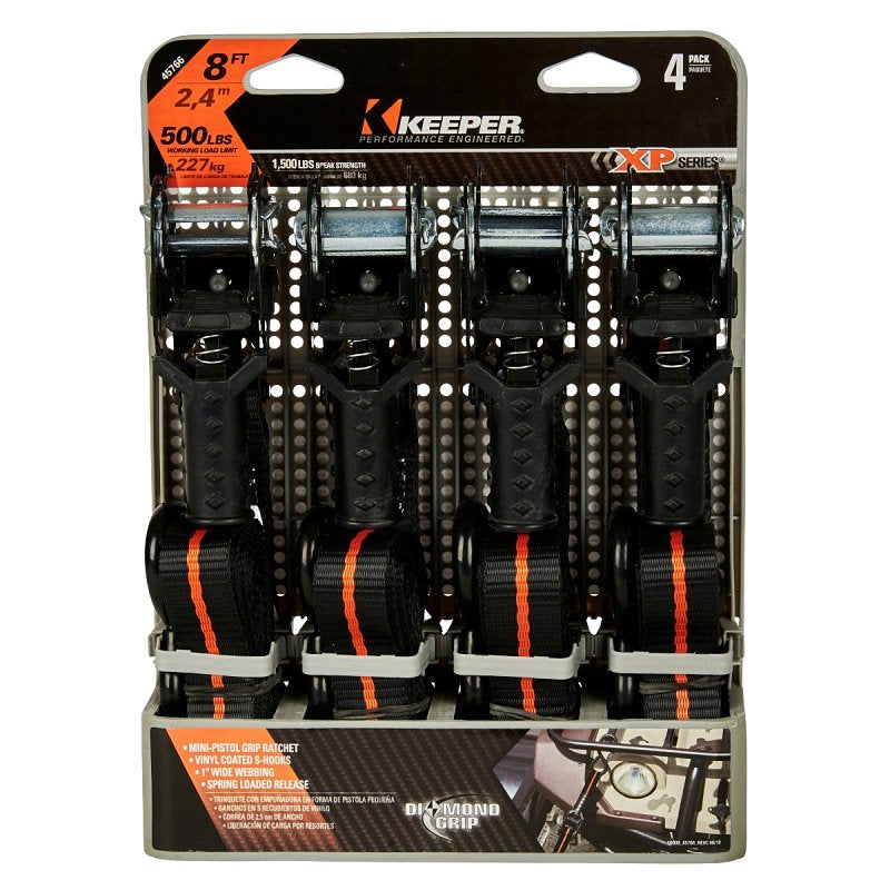 KEEPER Keeper 45766 Tie-Down, Ratchet Adjustment, 1 in W, 8 ft L, 500 lb Working Load, S-Hook End, 4/PK AUTOMOTIVE KEEPER