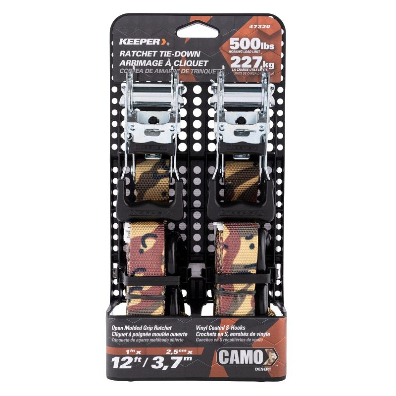 KEEPER Keeper 47320 Ratchet Tie Down With Open Handle, 1 in W, 12 ft L, Camo, 500 lb Working Load, S-Hook End