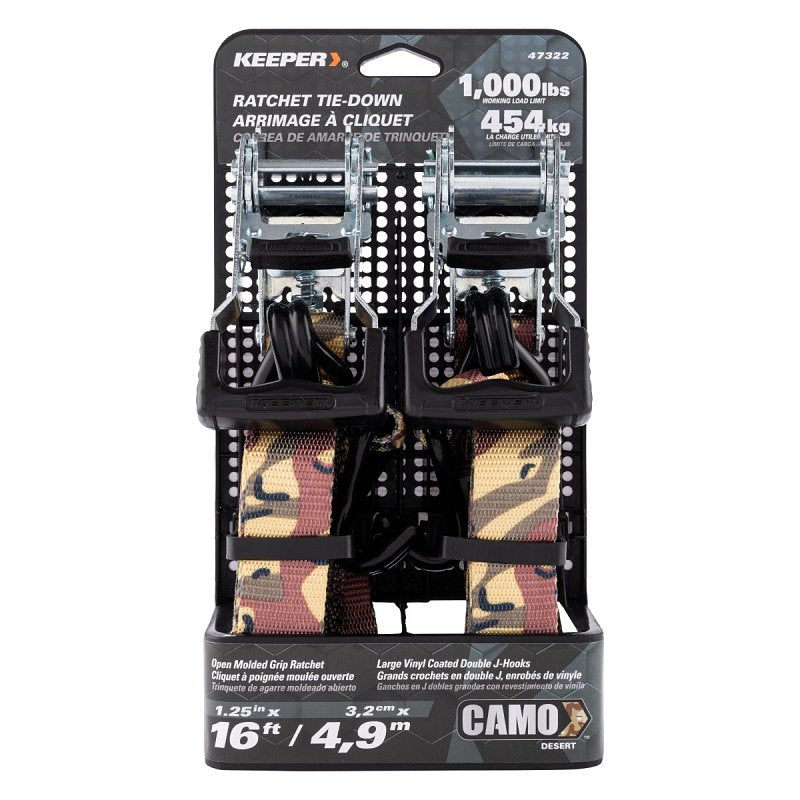 KEEPER Keeper 47322 Ratchet Tie-Down with Open Handle, 1-1/4 in W, 16 ft L, Camo, 1000 lb Working Load, J-Hook End AUTOMOTIVE KEEPER