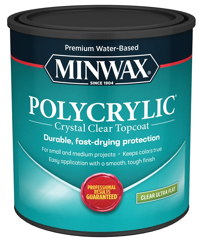 MINWAX Minwax Polycrylic 611114444 Polyurethane, Ultra Flat, Liquid, Clear, 1 qt