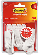 COMMAND Command 17001-VP-6PK Utility Hook, 7/8 in Opening, 3 lb, 6-Hook, Plastic, White