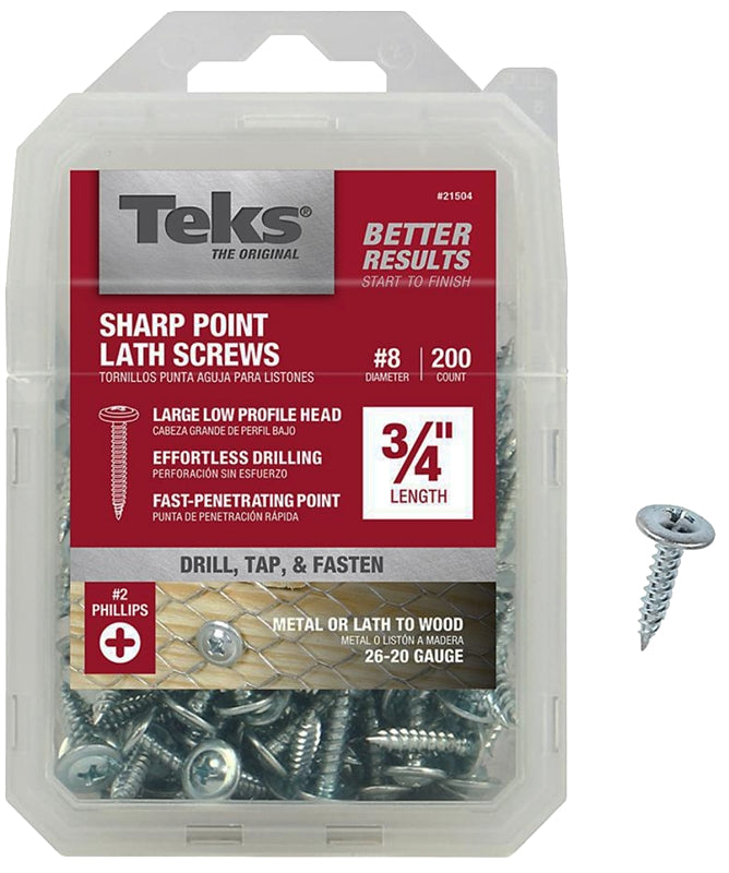 TEKS Teks 21504 Lath Screw, #8 Thread, Truss Head, Phillips Drive, Sharp Point, Steel, Zinc, 200 PK