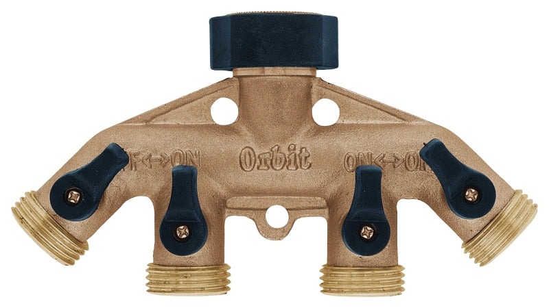 ORBIT IRRIGATION PRODUCTS Orbit 62010N Hose Faucet Manifold, 3/4 in Swivel x MHT, 4-Port/Way, Brass