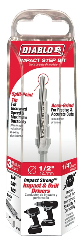 DIABLO Diablo DSD0500S06 Step Drill Bit, 1/4 to 1/2 in Dia, 3-3/8 in OAL, Dual Flute, 1/4 in Dia Shank, Hex Shank TOOLS DIABLO
