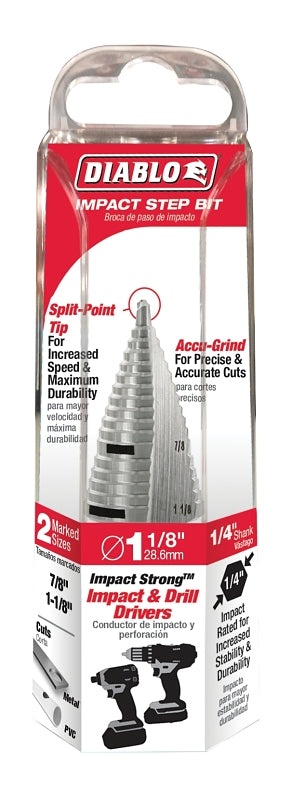 DIABLO Diablo DSD1125S17 Step Drill Bit, 7/8 to 1-1/8 in Dia, 3-1/32 in OAL, Dual Flute, 1/4 in Dia Shank, Hex Shank TOOLS DIABLO