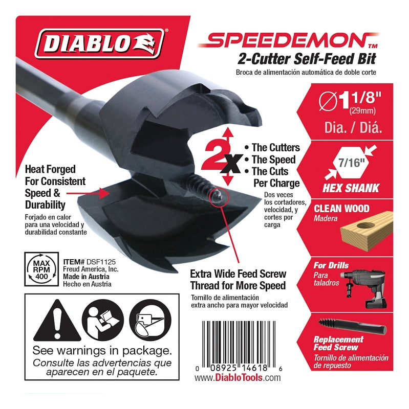 DIABLO Diablo DSF1125 Drill Bit, 1-1/8 in Dia, 5-1/8 in OAL, 7/16 in Dia Shank, Hex Shank TOOLS DIABLO