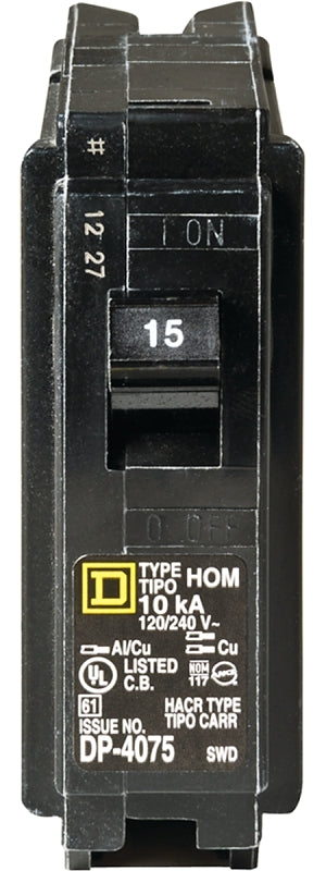 SQUARE D Square D Homeline HOM115C Circuit Breaker, Mini, 15 A, 1 -Pole, 120 V, Plug Mounting, Black ELECTRICAL SQUARE D