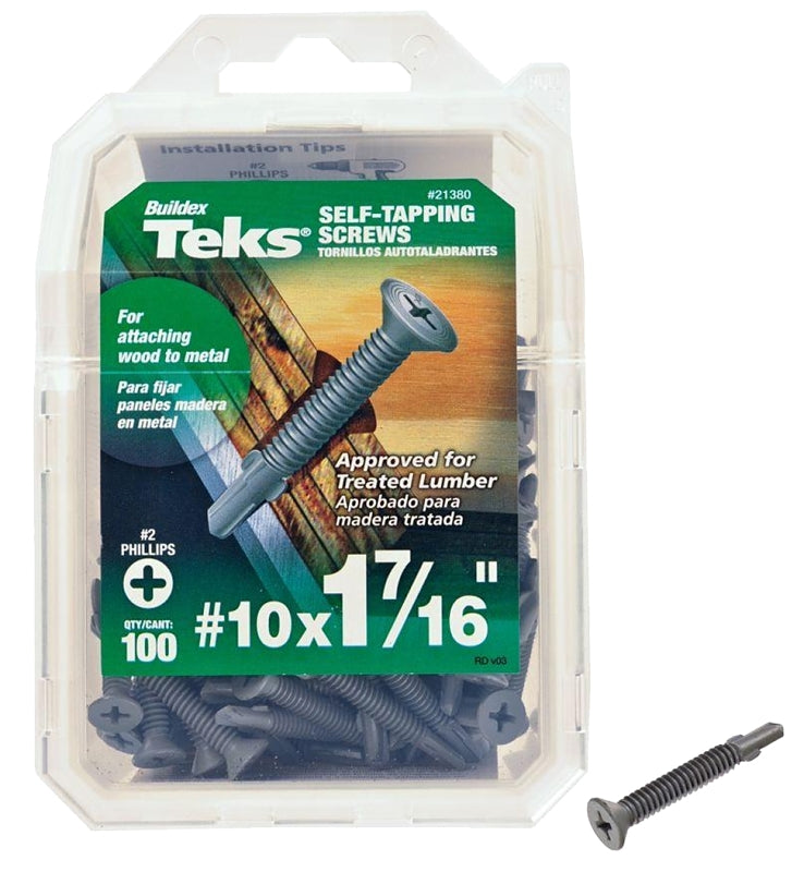 TEKS Teks 21380 Screw, #10 Thread, 1-7/16 in L, Coarse Thread, Flat Head, Phillips Drive, Self-Drilling, Self-Tapping Point