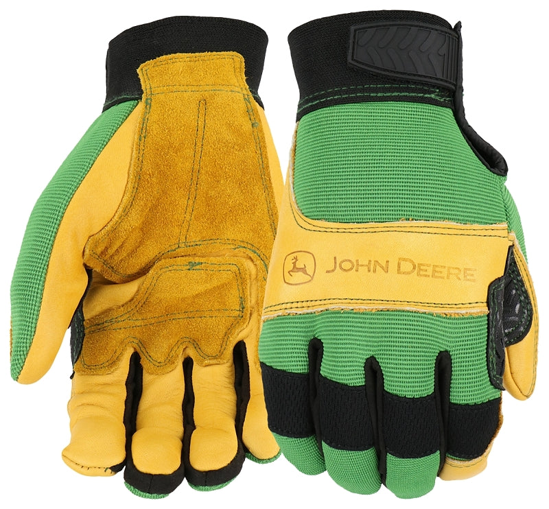 JOHN DEERE John Deere JD00009-XL Gloves, Men's, XL, Reinforced Thumb, Hook and Loop Cuff, Spandex Back, Green/Yellow