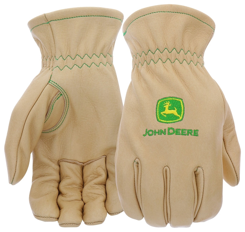 JOHN DEERE John Deere JD84013-L Work Gloves, Men's, L, Shirred Elastic Cuff, Cowhide Leather