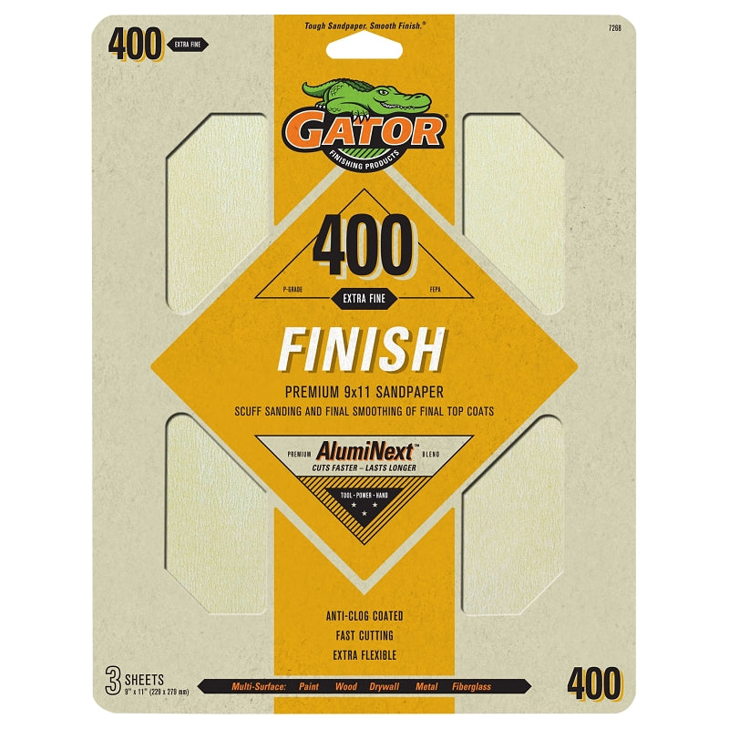 GATOR Gator 7268 Premium Sandpaper, 9 in W, 11 in L, 400 Grit, Fine, Latex Backing