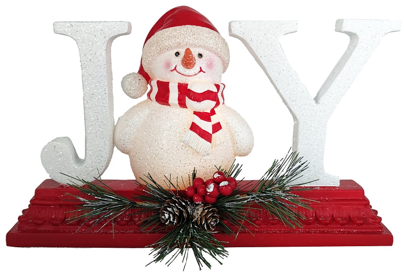 SANTAS FOREST Santas Forest 89804 Lighted Joy Snowman, 8 in H, Christmas, Resin/PVC, White/Red