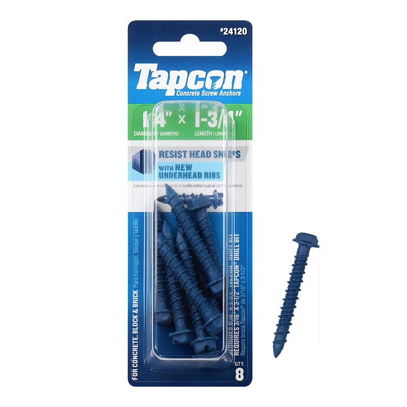 ITW BRANDS - TAPCON Tapcon 24120 Concrete Screw Anchor, 1/4 in Dia, 1-3/4 in L, Hex Head, Steel, Climaseal, 8/PK