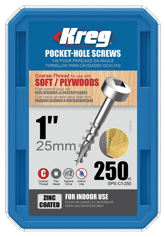 KREG Kreg SPS-C1-250 Pocket-Hole Screw, #7 Thread, 1 in L, Coarse Thread, Pan Head, Square Drive, Self-Tapping Point, Steel