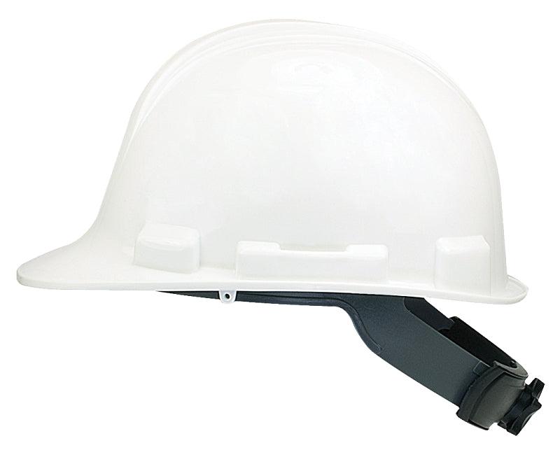 BOSS MFG Safety Works SWX00346 Hard Hat, White, 4-Point Textile Suspension, HDPE Shell, Class: E, Wheel Ratchet Adjustment Type
