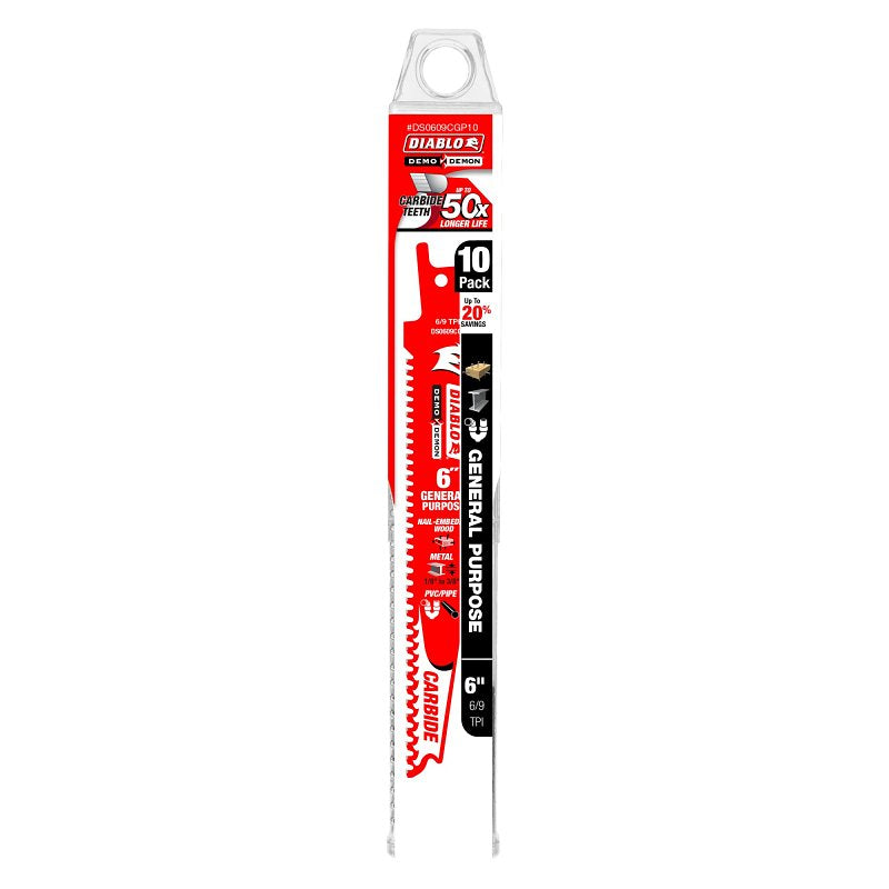 DIABLO Diablo Demo Demon DS0609CGP10 Reciprocating Saw Blade, 1 in W, 6 in L, 6, 9 TPI, Carbide Cutting Edge