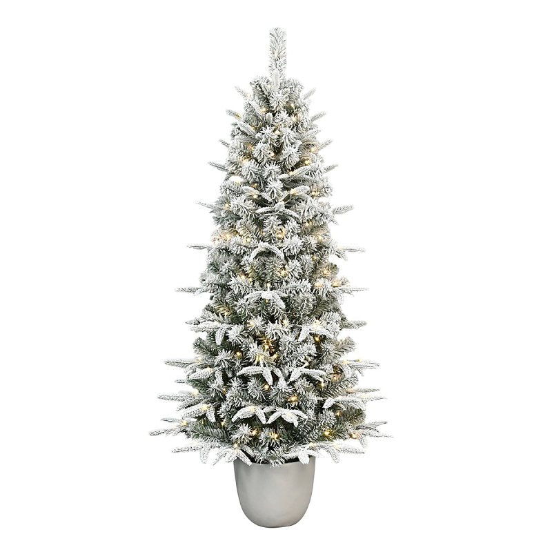 PULEO ASIA LIMITED Puleo Asia Limited 301-5196-STF50LW150-CUL Norway Flocked Potted Tree, 5 ft H, Spruce Family, LED, Warm White Light