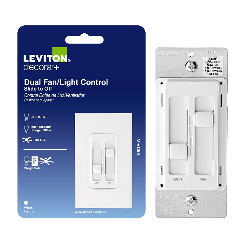 LEVITON Decora R02-066DF-00W Slide Fan and Light Dimmer Switch, 1.5 A, 120 V, 300, 150 W, White