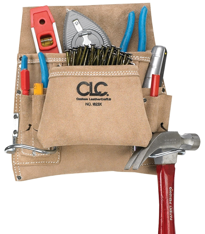 HULTAFORS CLC Tool Works Series I823X Nail/Tool Bag, 20 in W, 12 in H, 8-Pocket, Suede Leather, Tan