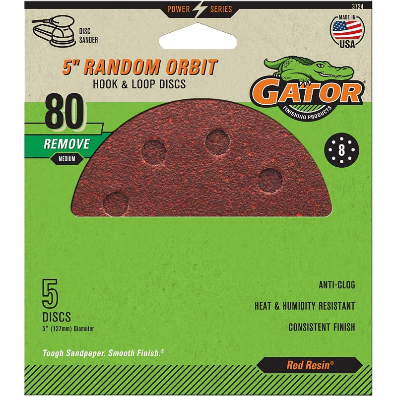 GATOR Gator 3724 Sanding Disc, 5 in Dia, 80 Grit, Medium, Aluminum Oxide Abrasive, Vented