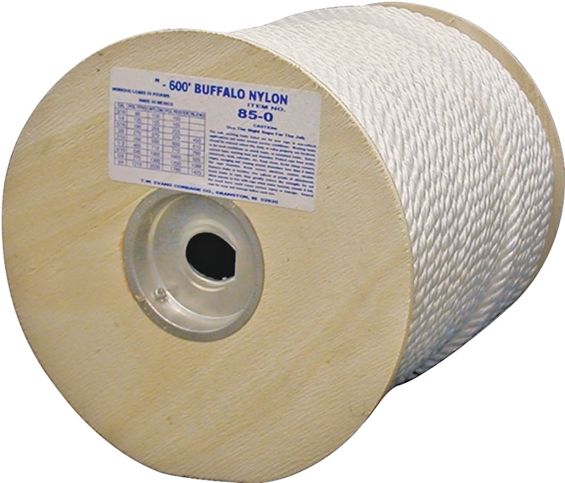 TW EVANS CORDAGE T.W. Evans Cordage 85-060 Rope, 5/16 in Dia, 600 ft L, 280 lb Working Load, Nylon, White