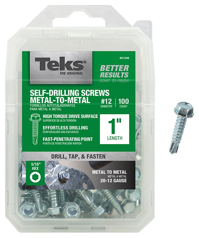 TEKS Teks 21340 Screw, #12 Thread, 1 in L, Coarse Thread, Hex Drive, Self-Drilling, Self-Tapping Point, Steel, Zinc, 100 PK HARDWARE & FARM SUPPLIES TEKS