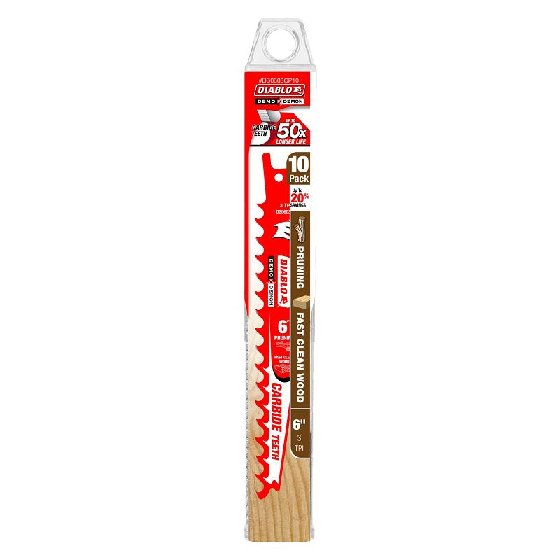 DIABLO Diablo Demo Demon DS0603CP10 Reciprocating Saw Blade, Applicable Materials: Clean Wood, 1 in W, 6 in L, 3 TPI, 10/PK