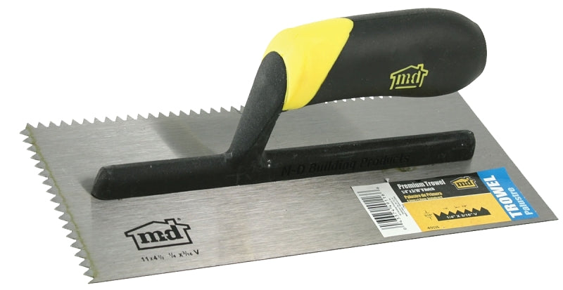 M-D BUILDING PRODUCTS I M-D 49116 Premium Notch Trowel, 12 in L, 4-1/2 in W, V Notch, Ergonomic Handle, Black/Yellow Handle TOOLS M-D BUILDING PRODUCTS I