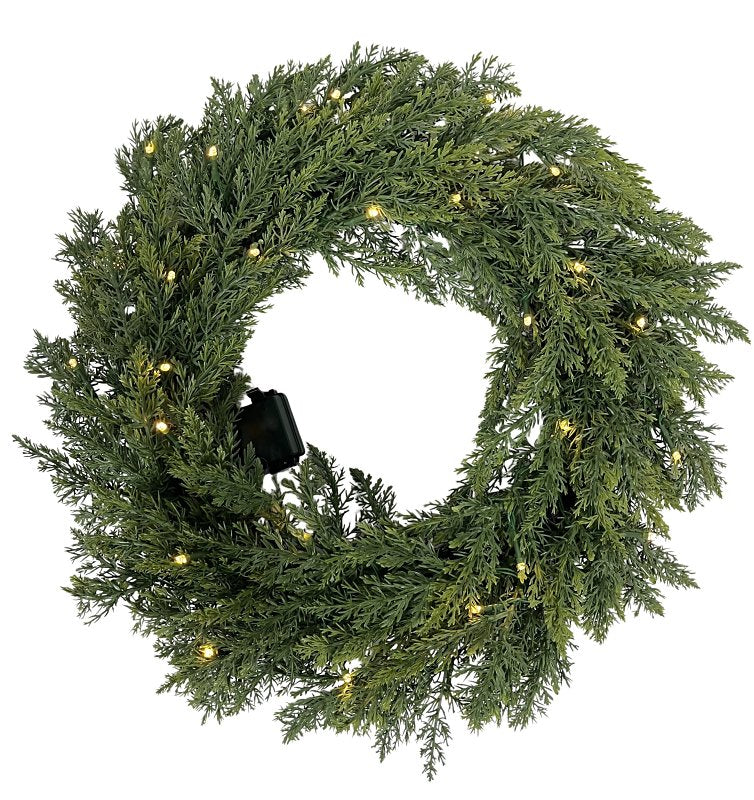 SANTAS FOREST Santas Forest 35004 Cedar Wreath, Polyethylene, Battery, Clear Bulb, Hanging Hoop
