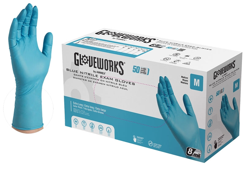 AMMEX Gloveworks GPNHD64100 Non-Sterile Disposable Gloves, M, Nitrile, Powder-Free, Blue, 300 mm L
